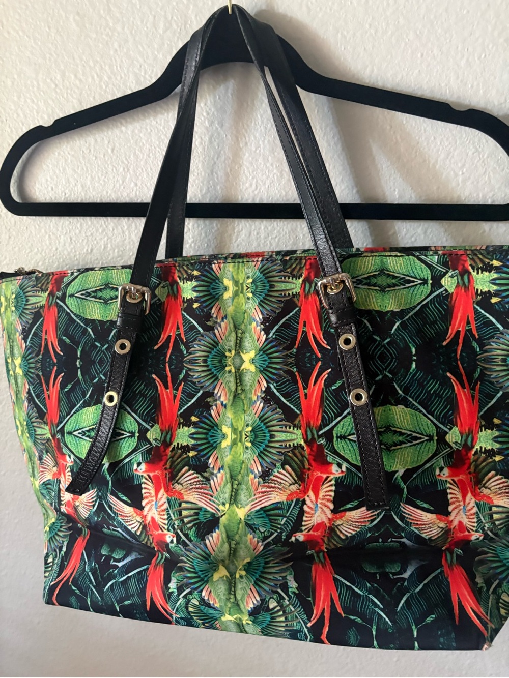 Minelli Black Tote with Red & Green Tropical Pattern